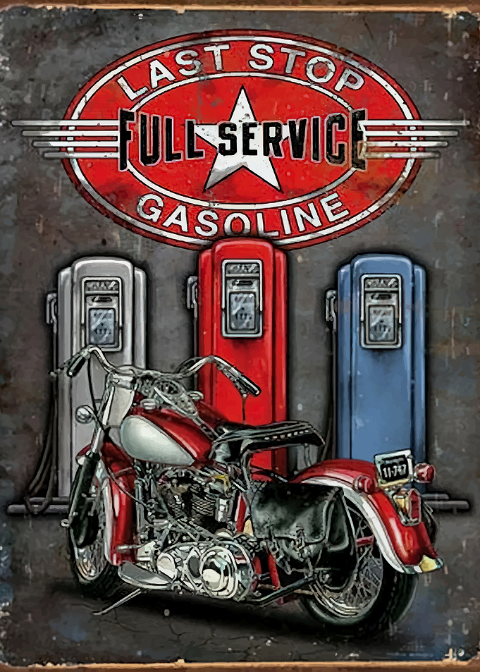 Vintage Motorcycle at Gas Station Art