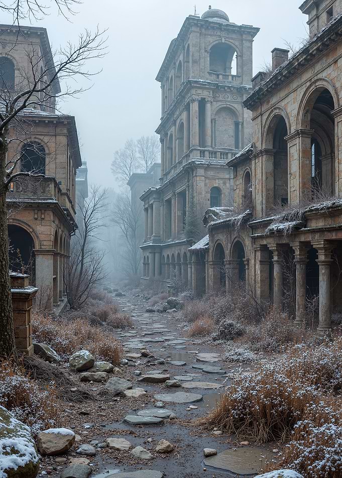 Ruined buildings in winter fog