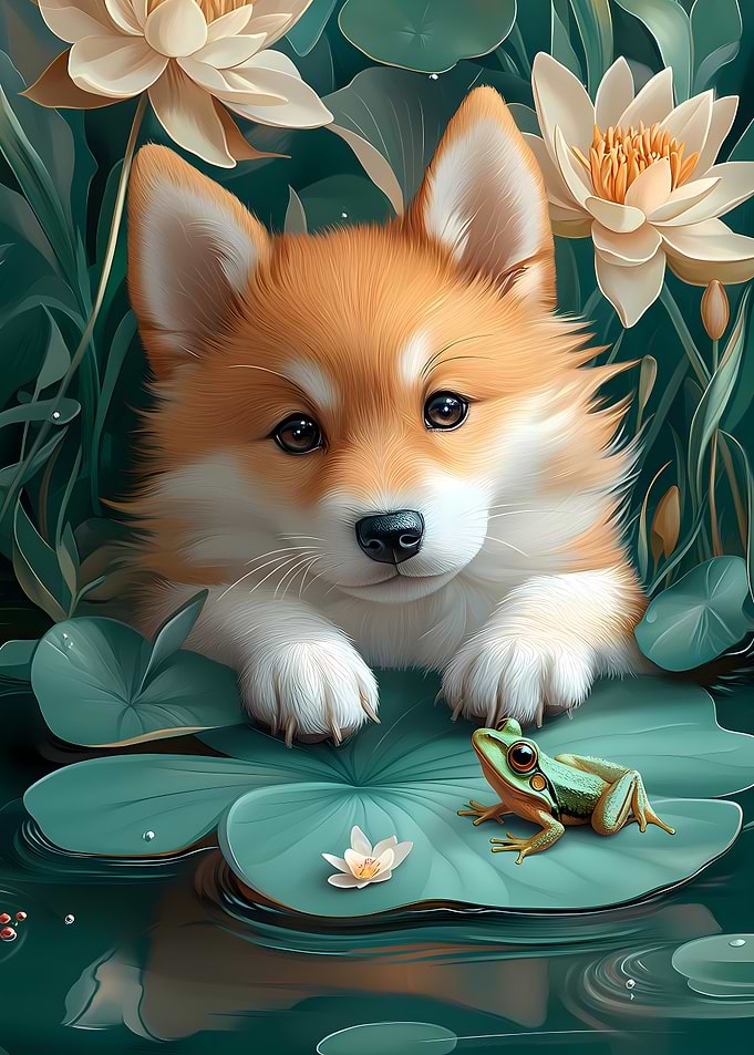 Corgi puppy with frog on lilypad
