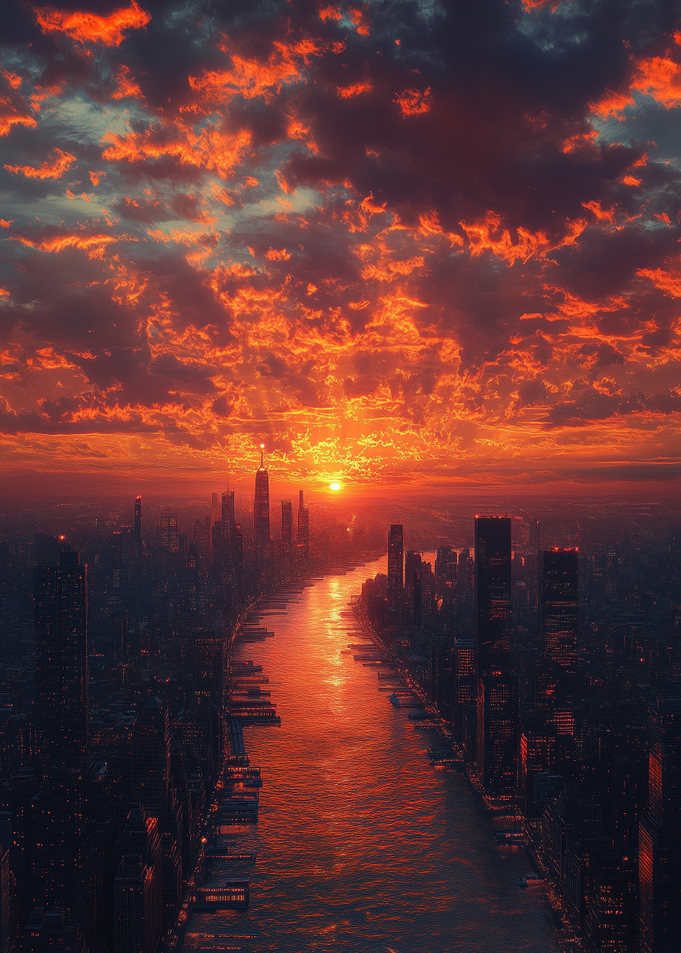 Fiery Cityscape at Sunset