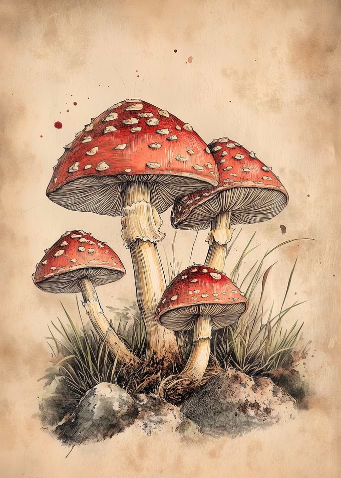 Vintage Botanical Mushroom Illustration – Fly Agaric (Amanita muscaria) Wall Art in Ink & Watercolor Style
