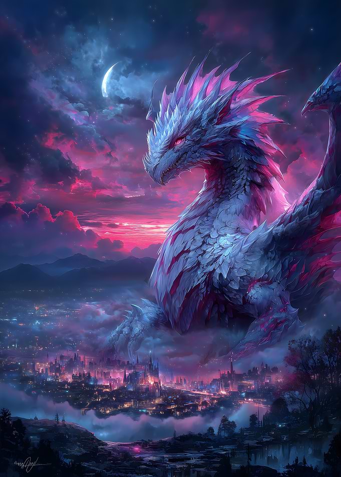 Dragon Overlooking City at Night