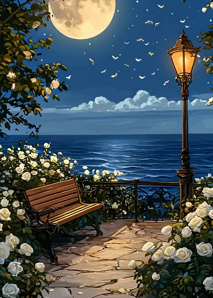 Moonlit Seaside Bench with White Roses