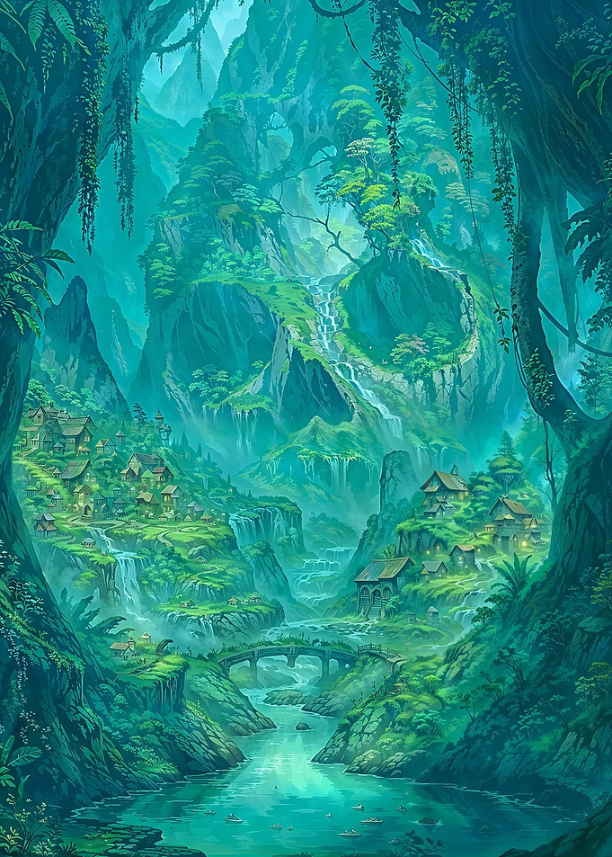 Mystical skull valley - Lush Green Fantasy Village Landscape