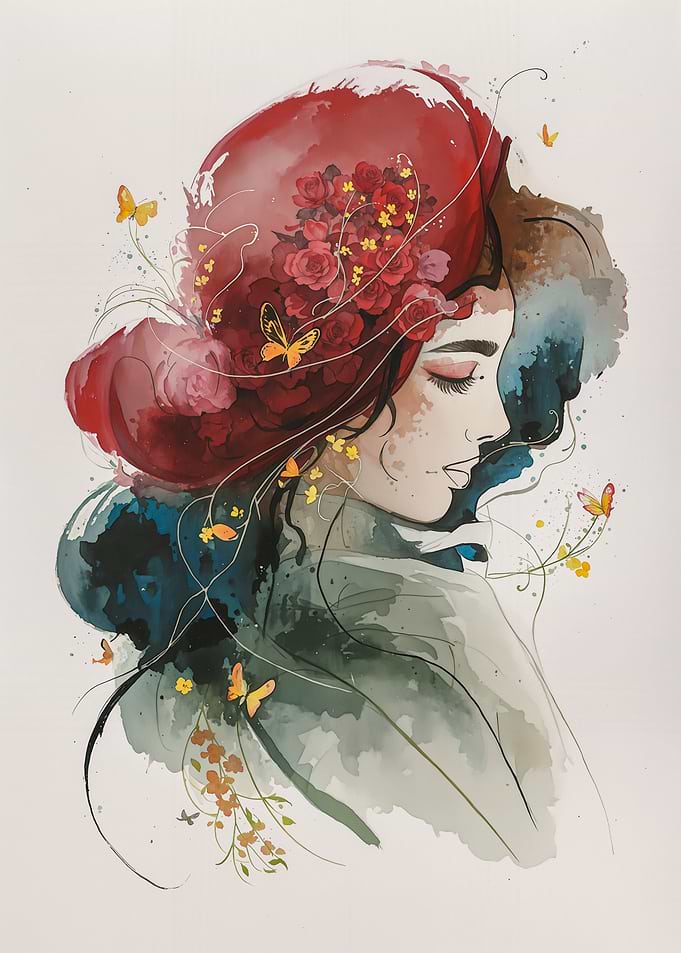 Watercolor Portrait with Flowers and Butterflies