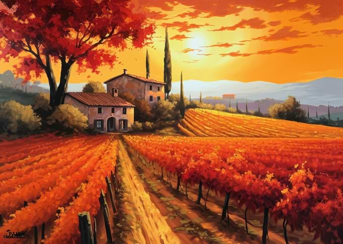 Italian Vineyard Sunset – Tuscany Landscape Painting in Autumn Colors