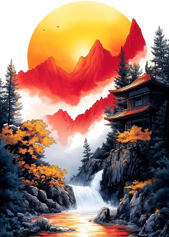 Japanese Landscape with Temple and Waterfall