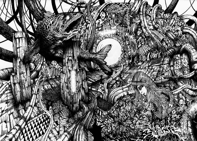 Monochrome Cyberpunk Fish and Figure Drawing