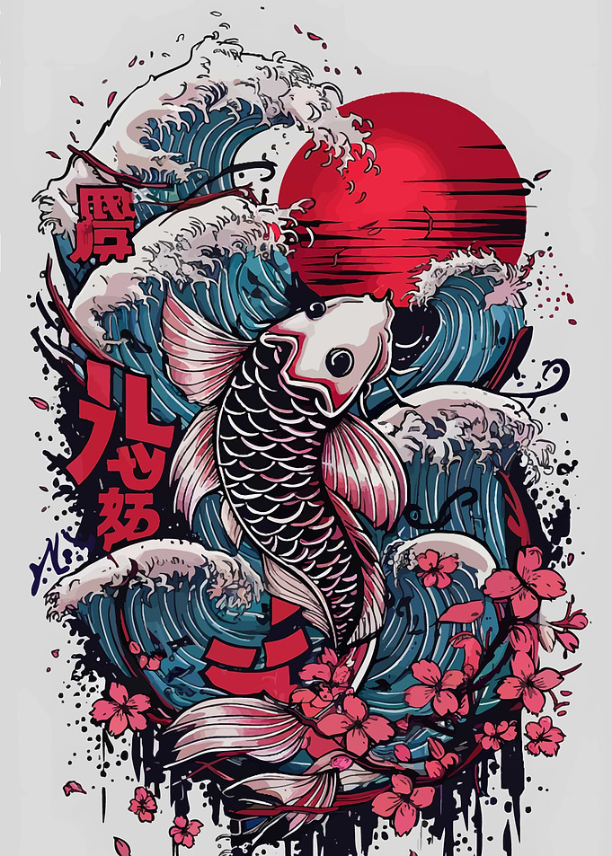 Koi Fish and Waves Illustration