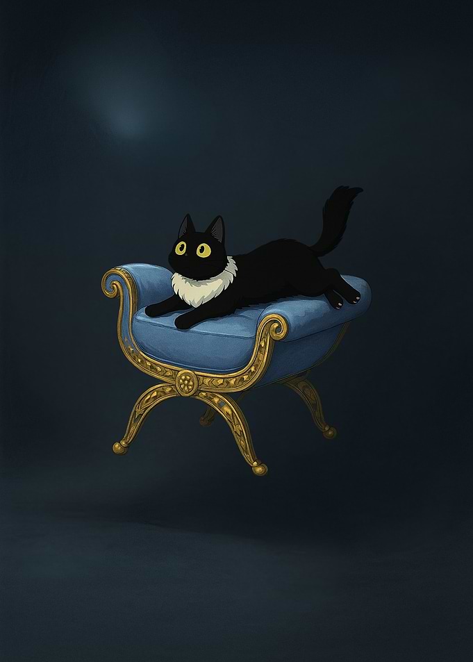 Black cat on blue chaise lounge