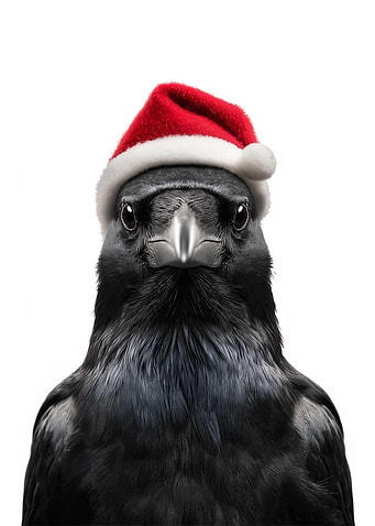 Christmas Crow Wearing Santa Hat