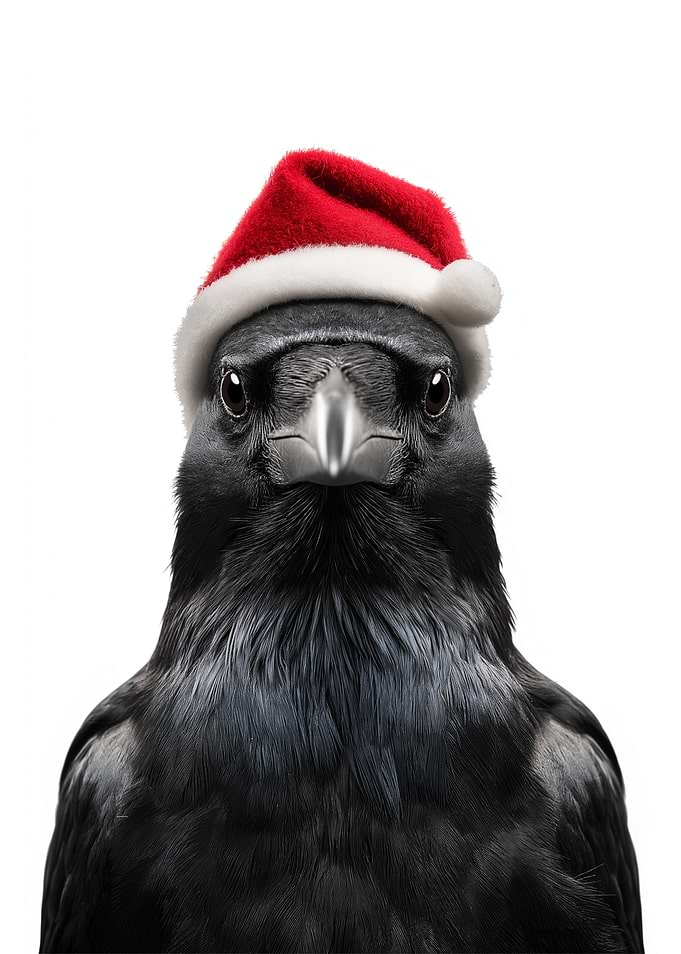 Christmas Crow Wearing Santa Hat