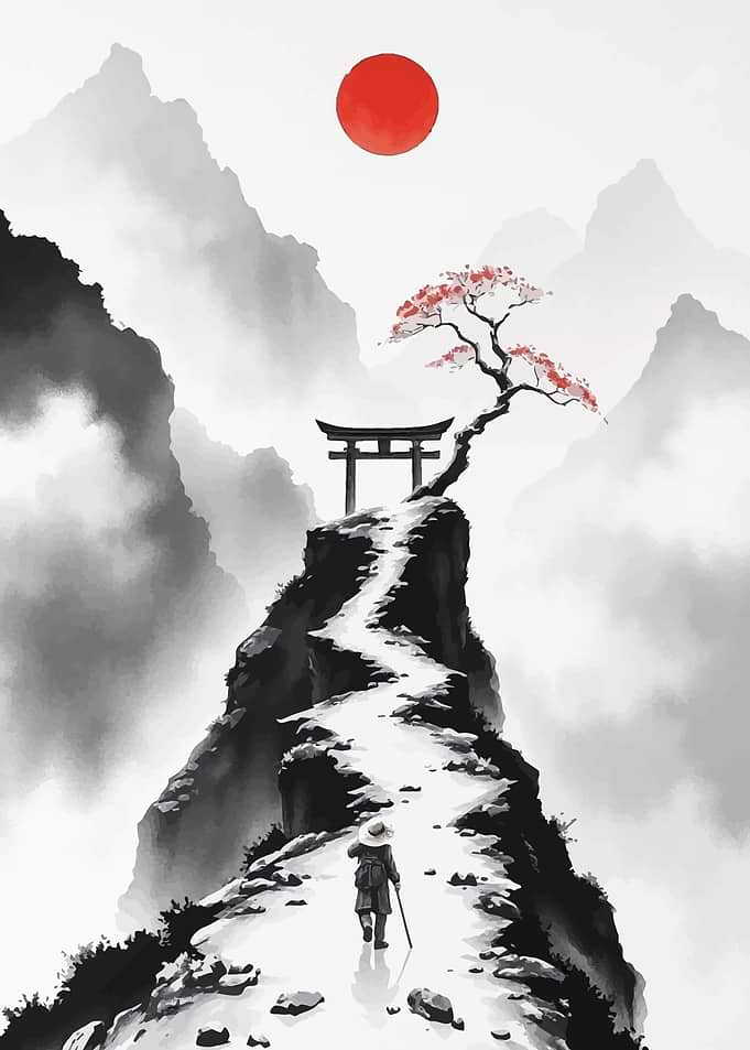 Japanese Mountain Landscape with Torii Gate
