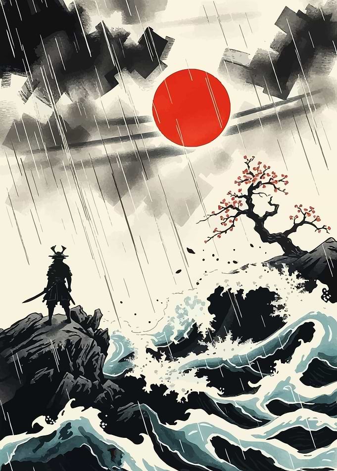 Samurai in Rain with Rising Sun