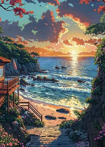 Coastal Sunset with American Flag