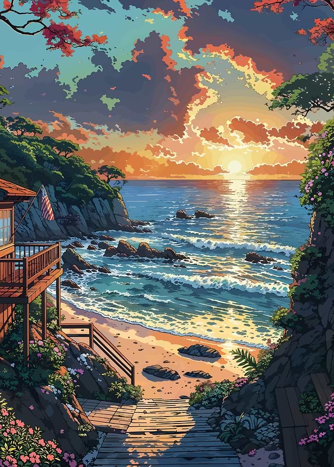 Coastal Sunset with American Flag