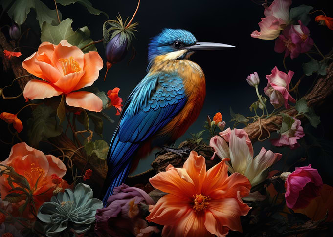 Tropical Bird Among Flowers – Photorealistic Audubon-Style Artwork