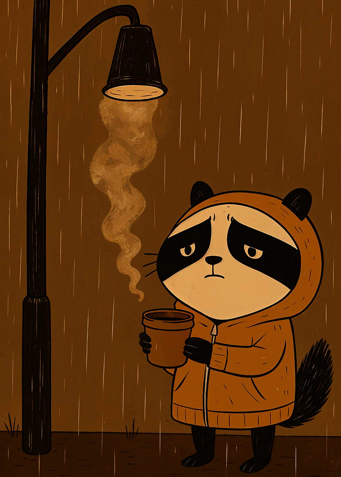 Sad Raccoon in Rain with Coffee