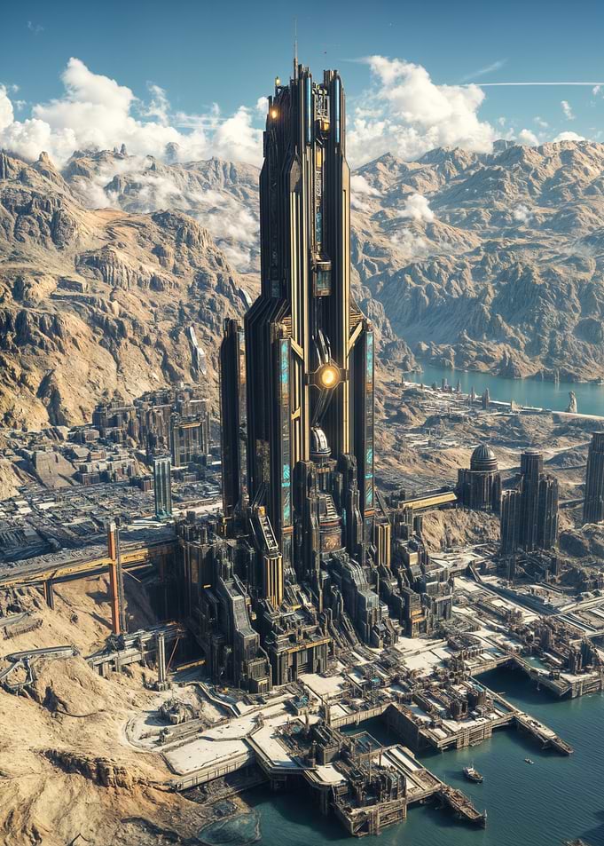 Futuristic Cityscape with Towering Structure