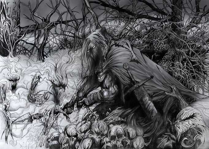 Dark Warrior in a Skull Field