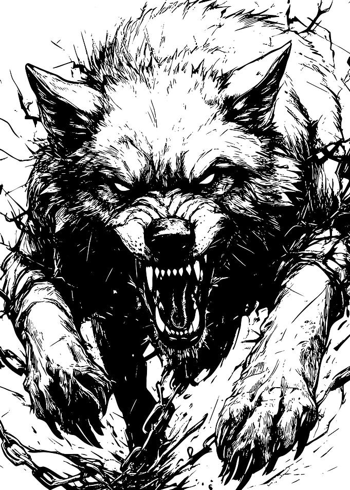 Angry Wolf Black and White Illustration
