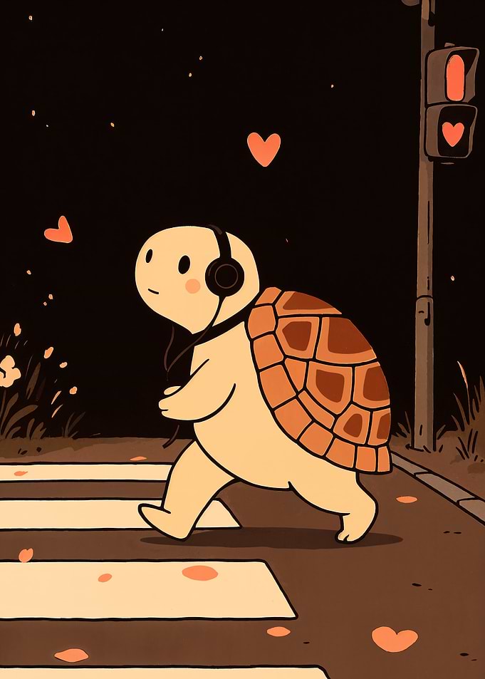 Turtle with Headphones Crossing Street