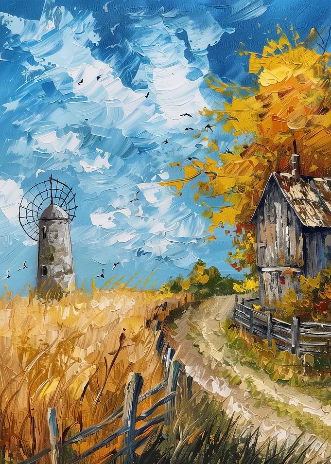 Autumn Landscape with Windmill and Barn