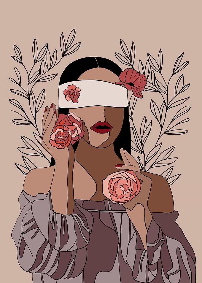 Blindfolded Woman with Roses Illustration