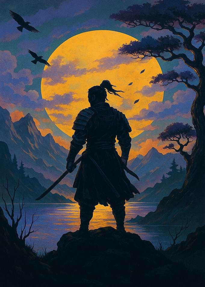 Samurai Silhouette Under a Full Moon