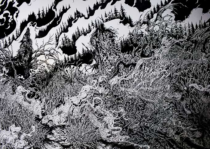 Monochrome Forest Landscape with Wolf