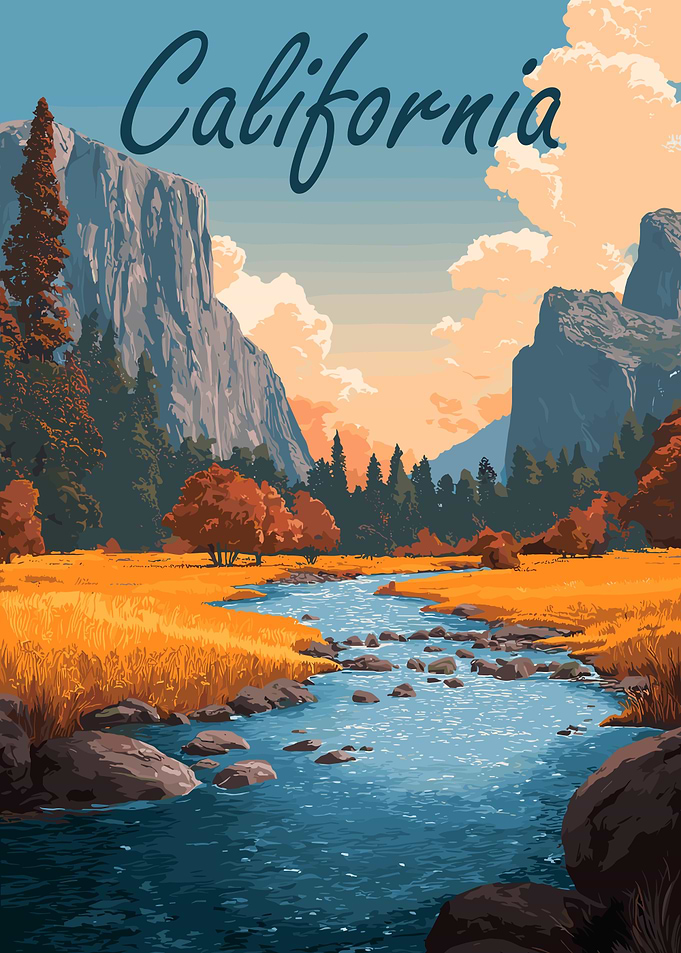 California Landscape with River and Mountains