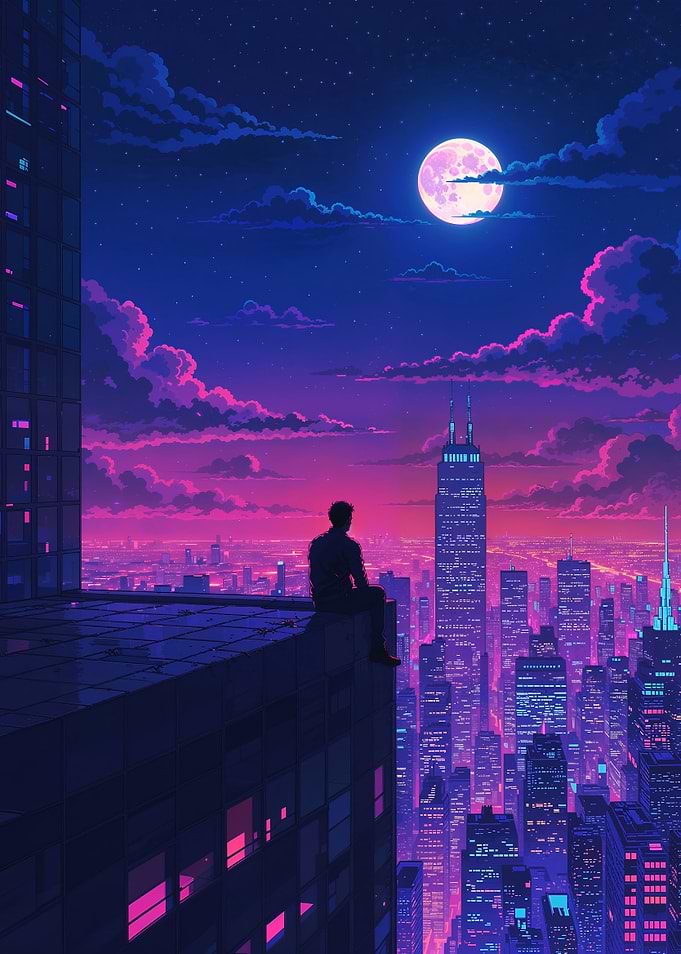 City Dreamscape - Boy on Rooftop under Moonlit Sky