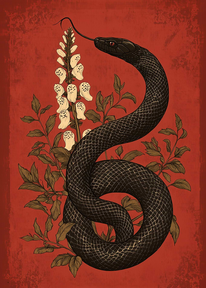 Occult Serpent & Foxglove – Mystical Botanical Illustration