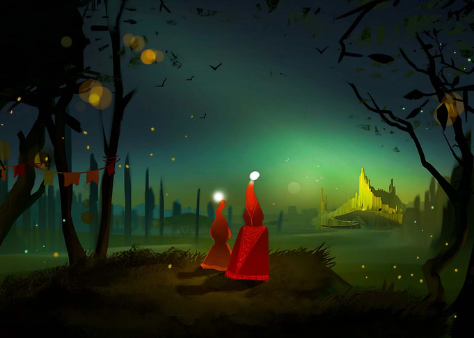 Red-Cloaked Figures in Fantasy Landscape