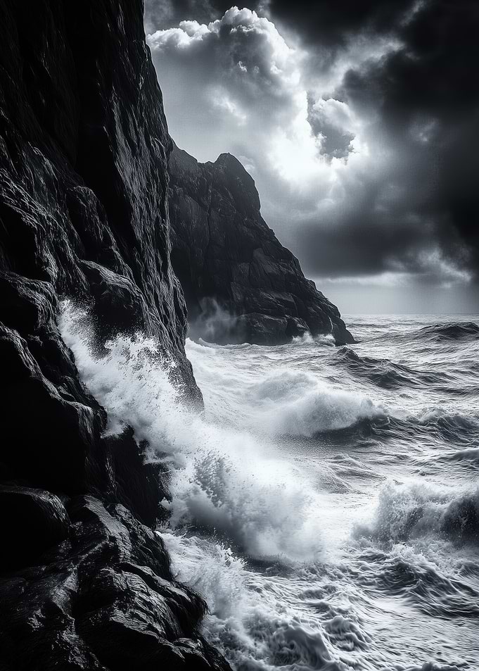 Monochrome Cliffside Ocean Waves