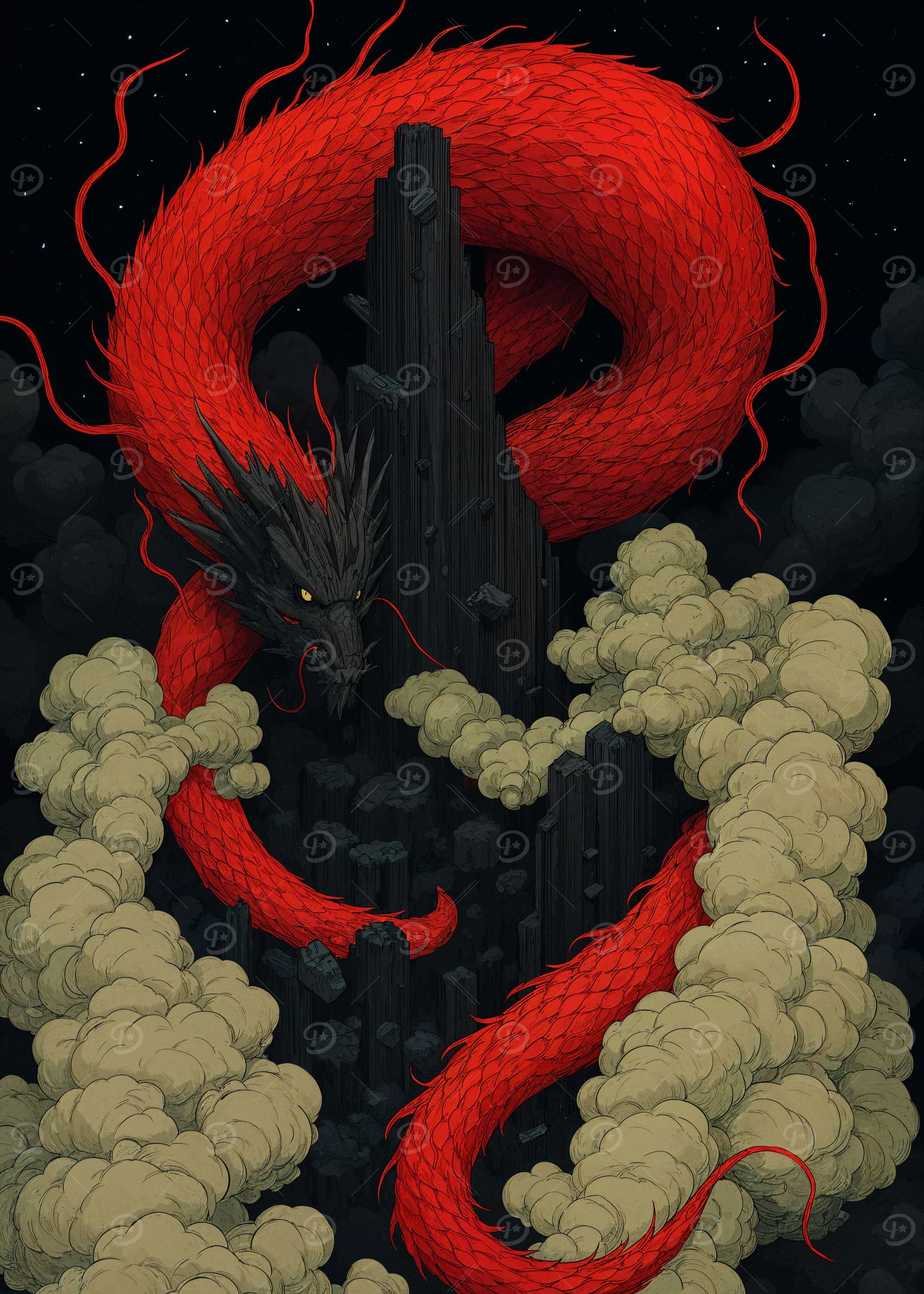 Red Dragon Coiled Around Black Pillars