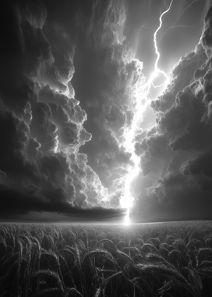 Monochrome Lightning Storm Over Field