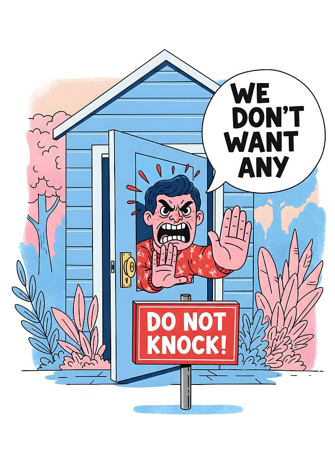 Angry Man with Do Not Knock Sign
