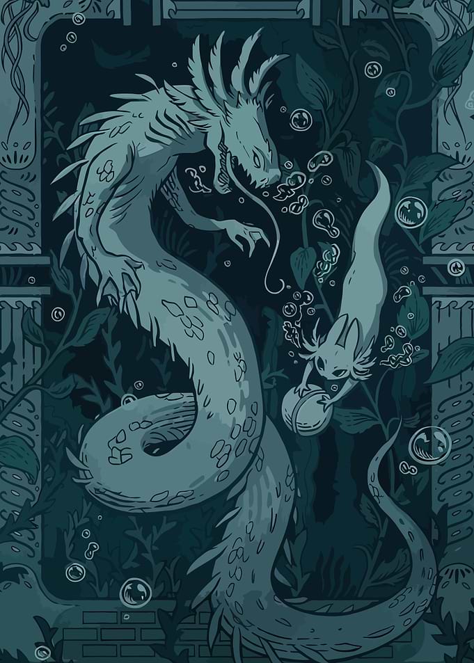 Aquatic Dragon and Axolotl Illustration