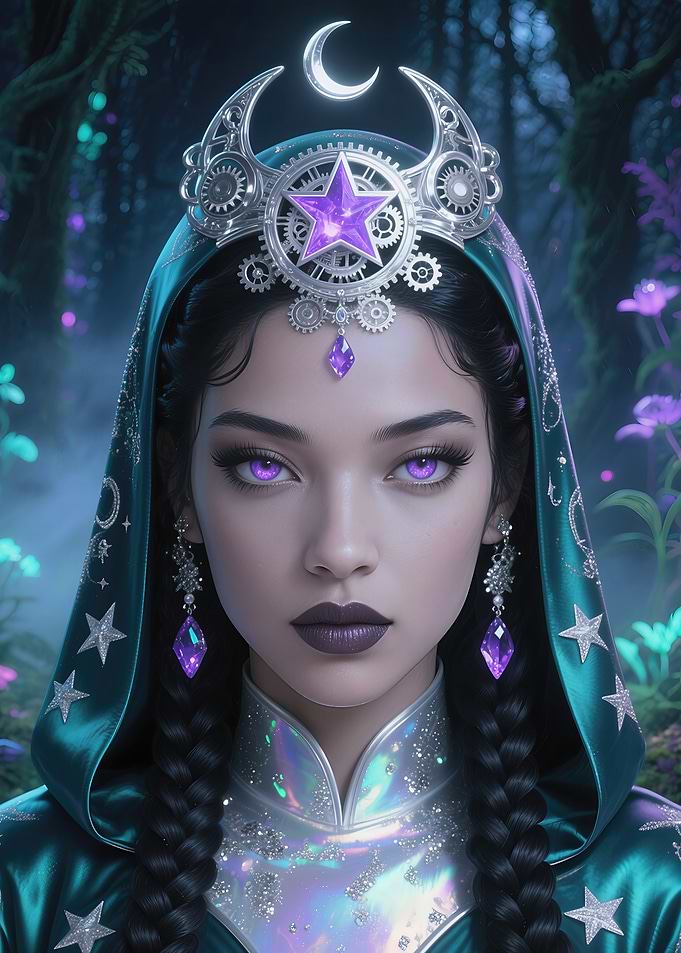 Celestial Nymph with Amethyst Eyes and Bioluminescent Forest Aura
