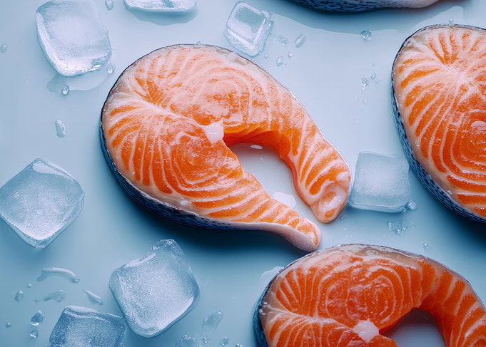 Fresh Salmon Steaks with Ice Cubes