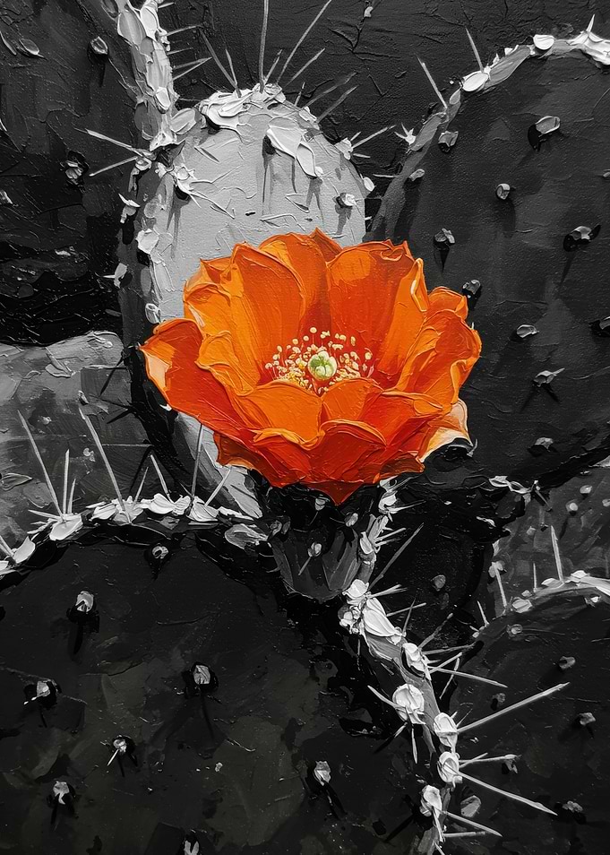 Orange Flower on Black and White Cactus