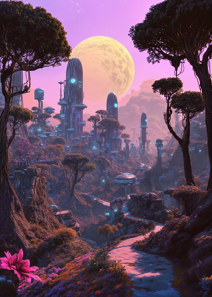 Futuristic Cityscape with Moon and Nature