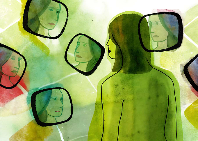 Woman Surrounded by Reflections Watercolor