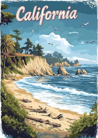 California Beach Coastline Travel Poster
