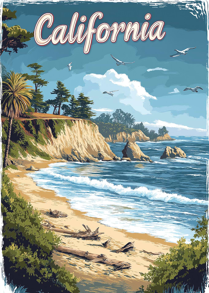 California Beach Coastline Travel Poster