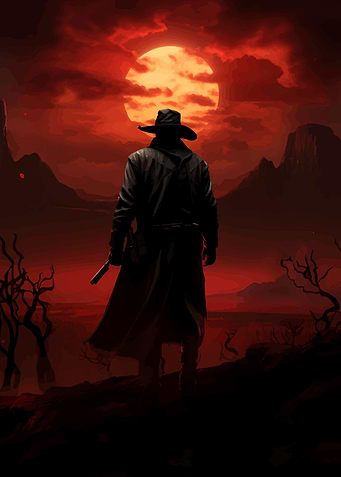 Western Gunslinger Silhouette Against Red Moon