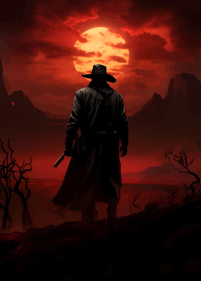 Western Gunslinger Silhouette Against Red Moon