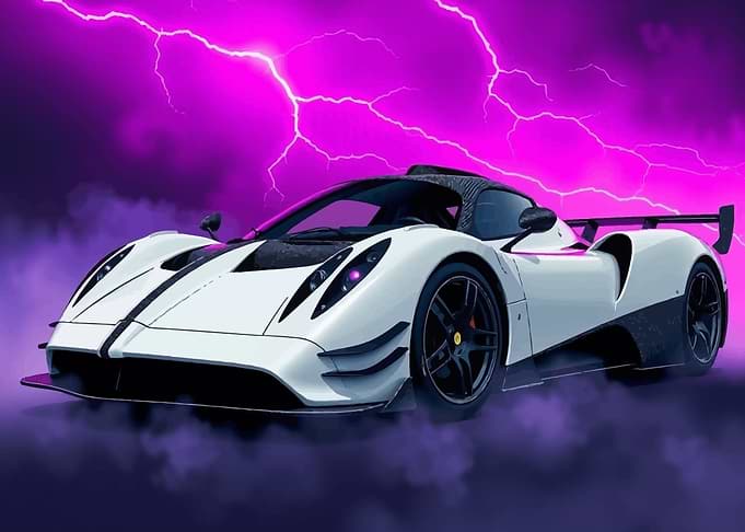 White Pagani Zonda Sports Car with Lightning Background