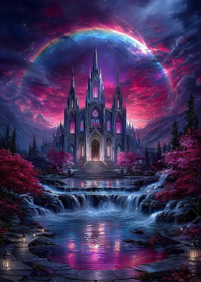 Fantasy Castle with Waterfall and Rainbow